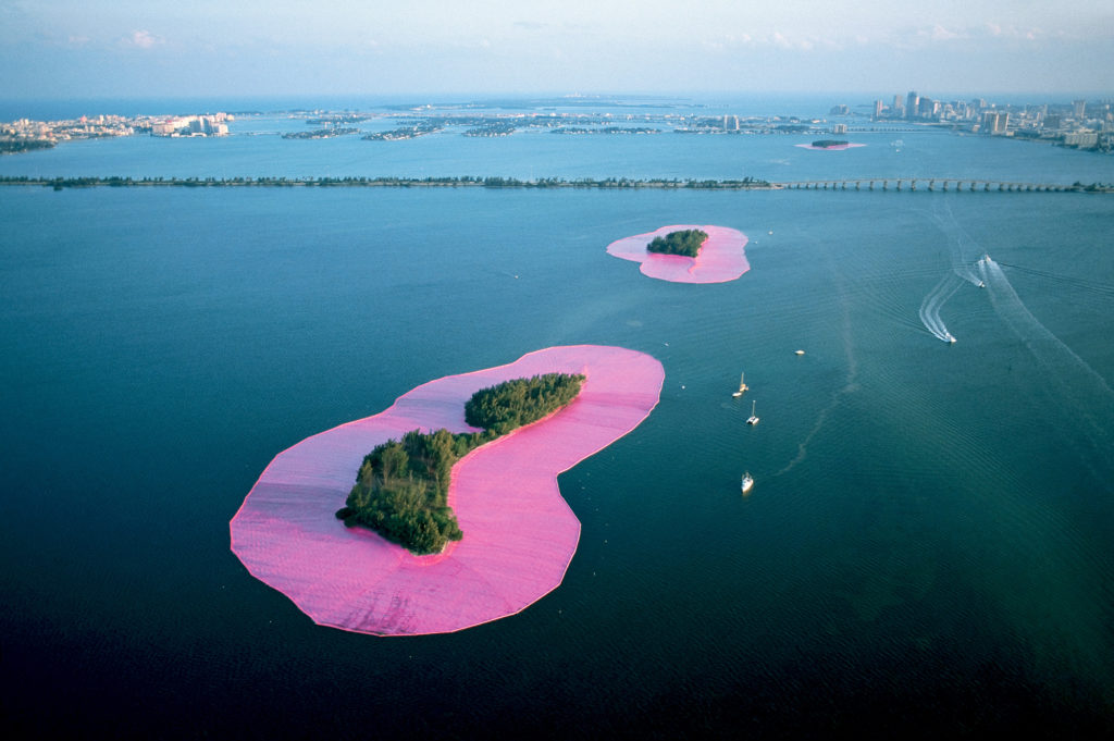 Christo and Jeanne-Claude, Surrounded Islands, Biscayne Bay, Greater Miami, Florida, 1980-83. 
Photo: Wolfgang Volz. © 1983 Christo and Jeanne-Claude Foundation.