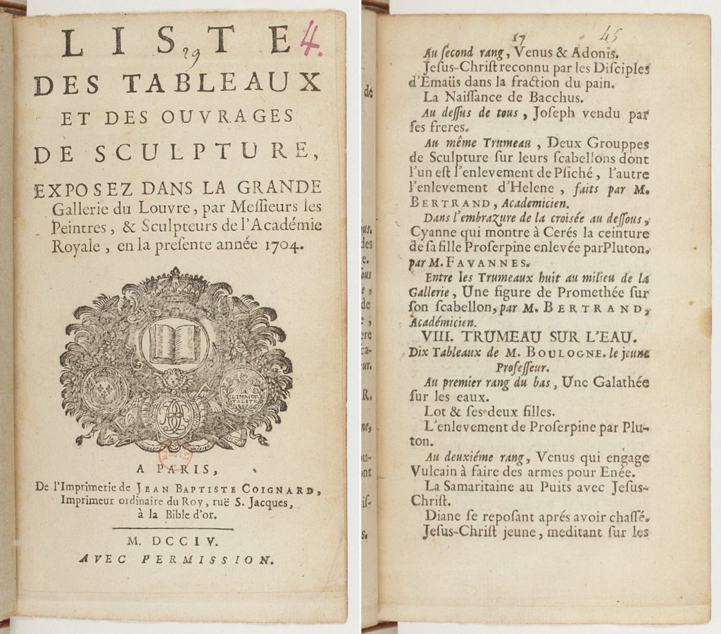 Exhibition catalogue, Grande Gallerie du Louvre, 1704.
