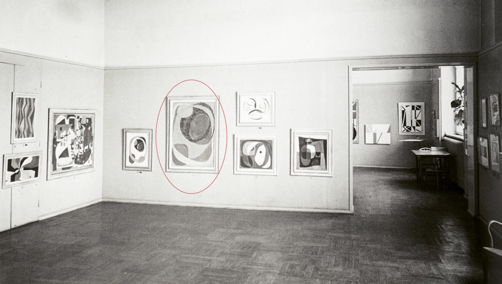 Auktionens målning ”Movement joyeux” visas på Galerie Blanches utställning 1949.