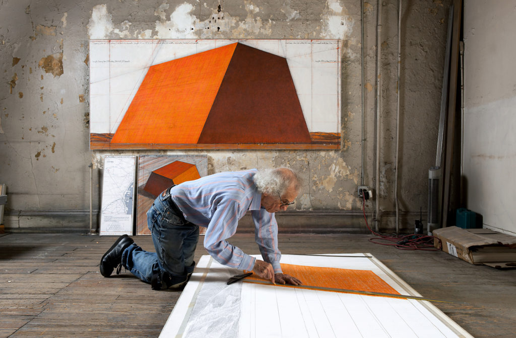 Christo in his studio working on a preparatory drawing for The Mastaba. New York City, April 15, 2012.
Photo: Wolfgang Volz © 2012 Christo and Jeanne-Claude Foundation