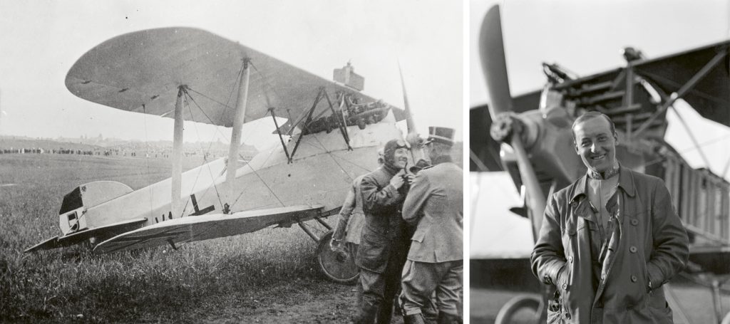 Edmund Sparmann framför flygplanet Phönix D.III på Ladugårdsgärde år 1919 samt bild på Edmund Sparmann från 1910-tal.